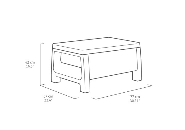 Ilustracja techniczna prostokątnego stolika z tworzywa sztucznego z wymiarami: wysokość 42 cm, szerokość 57 cm, długość 77 cm.