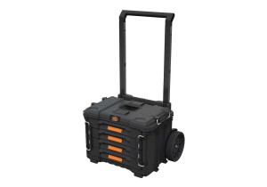 Czarna zamknięta skrzynka mobilna ROC Pro Gear 2.0 z 4 szufladami, widok z boku.