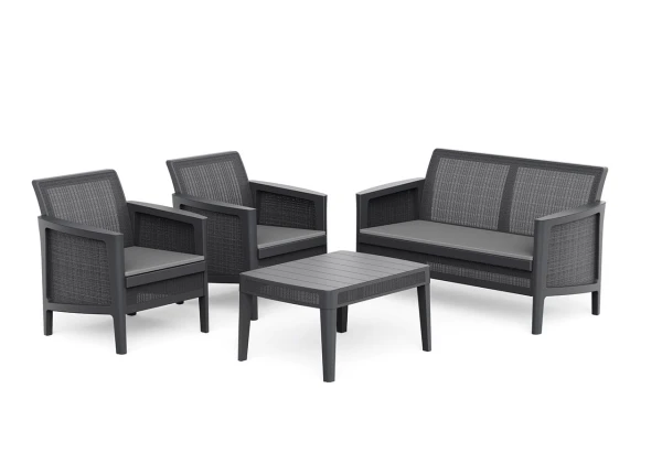 Grafitowy zestaw mebli ogrodowych Atlas Forma: sofa dwuosobowa, dwa fotele i stolik kawowy.