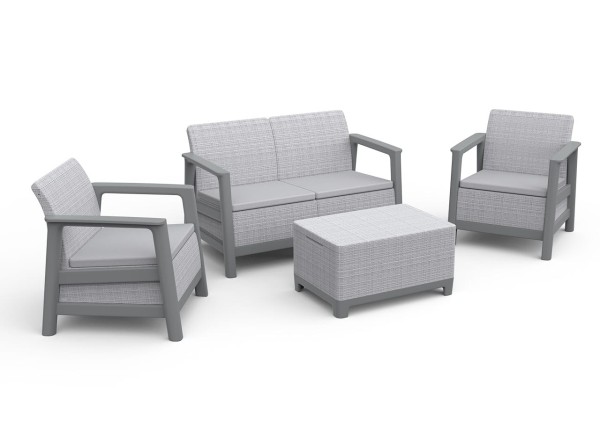Popielato-szary zestaw mebli ogrodowych Scandi Linea: sofa, dwa fotele i zamknięty stolik ze schowkiem.