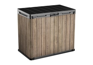 Zamknięty schowek ogrodowy Store it Out Deco Ashwood z czarną pokrywą, ujęcie z ukosa.