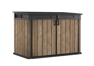 Zamknięty, brązowo-czarny schowek ogrodowy Deco 2020 L Ashwood, widok z przodu i boku.