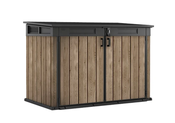 Zamknięty, brązowo-czarny schowek ogrodowy Deco 2020 L Ashwood, widok z przodu i boku.