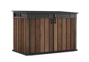 Zamknięty schowek ogrodowy Deco 2020 L Walnut, orzechowe panele, czarna rama, widok z ukosa.