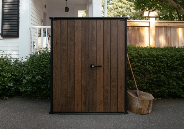 Zamknięty schowek ogrodowy Deco 1400 L Walnut z czarnym uchwytem, widok z przodu.