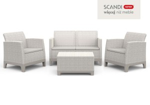 Popielato-jasnobeżowy 4-osobowy zestaw mebli ogrodowych Scandi Forma: sofa, fotele i stolik.