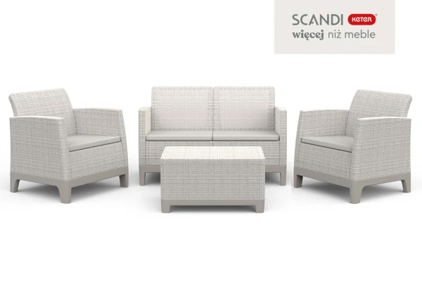 Popielato-jasnobeżowy 4-osobowy zestaw mebli ogrodowych Scandi Forma: sofa, fotele i stolik.