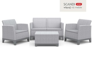Popielaty 4-osobowy zestaw mebli ogrodowych Scandi Forma z sofą, fotelami i stolikiem.