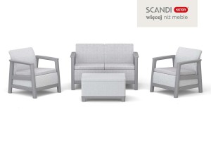 Popielaty zestaw mebli ogrodowych Scandi Linea, widok z przodu: sofa, fotele, zamknięty stolik.