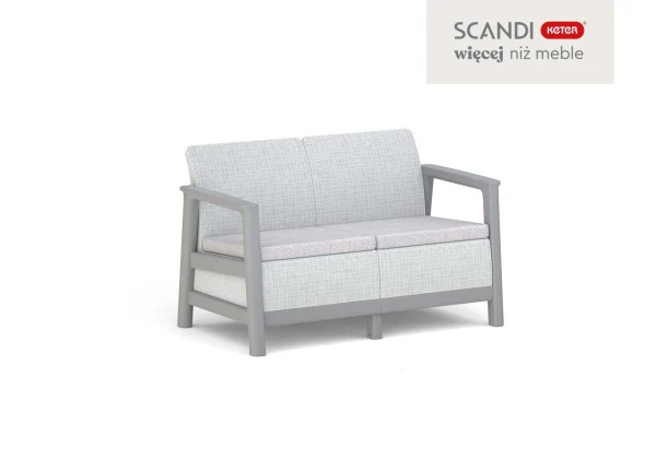 Dwuosobowa popielato-szara sofa ogrodowa Scandi Linea z jasnymi poduszkami, ujęcie z przodu.