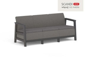 Grafitowa 3-osobowa sofa ogrodowa Scandi Linea z szarymi poduszkami, ujęcie z ukosu.