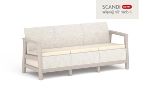 Popielata sofa 3-osobowa Scandi Linea z jasnobeżowymi poduszkami ujęta z przodu pod kątem.