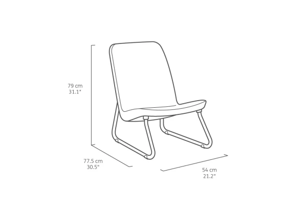 Ilustracja techniczna fotela z wymiarami: wysokość całkowita 79 cm, głębokość 77,5 cm, szerokość 54 cm; widok z perspektywy.