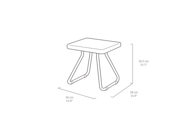 Ilustracja techniczna stolika z wymiarami: wysokość 36,5 cm, szerokość i głębokość 38 cm; widok z perspektywy.