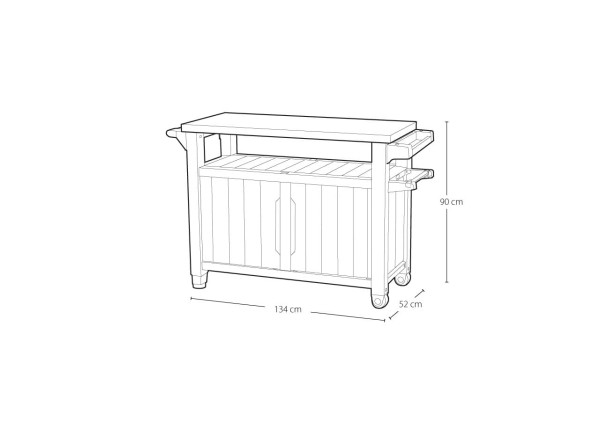 Rysunek z wymiarami zamkniętego barku ogrodowego Unity 207L: 134 x 52 x 90 cm.