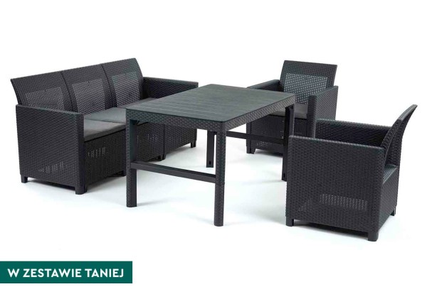 Grafitowy zestaw mebli ogrodowych z technorattanu: sofa 3-osobowa, dwa fotele i stół obiadowy.