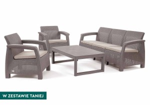Zestaw mebli ogrodowych Corfu cappuccino: sofa 3-osobowa, dwa fotele i niski stół Lyon.