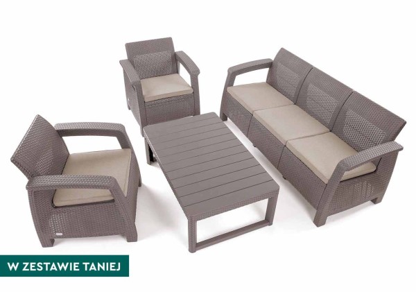 Zestaw mebli ogrodowych Corfu cappuccino: 3-osobowa sofa, dwa fotele i stół Lyon.