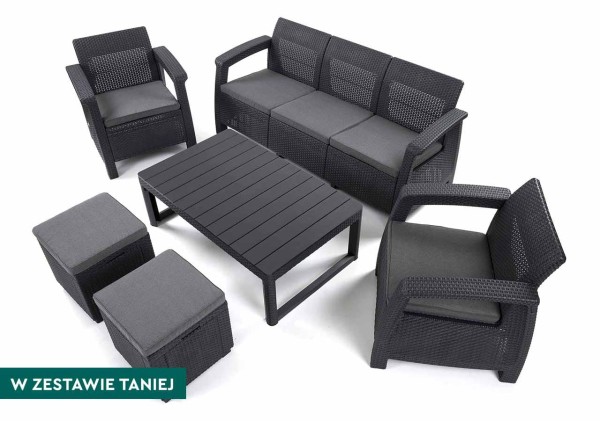 Grafitowy zestaw mebli ogrodowych: sofa, dwa fotele, dwie pufy i prostokątny stół.