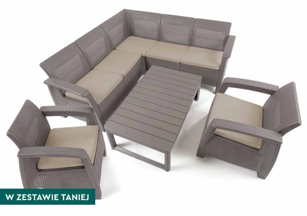 Zestaw mebli ogrodowych Corfu Relax Duo cappuccino z narożnikiem, dwoma fotelami i stołem.