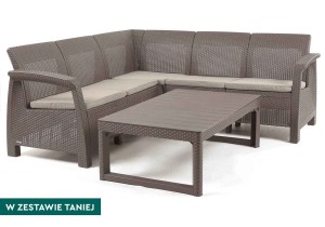 Narożnik technorattanowy Corfu Relax cappuccino z jasnymi poduszkami i 2-funkcyjnym stołem Lyon.