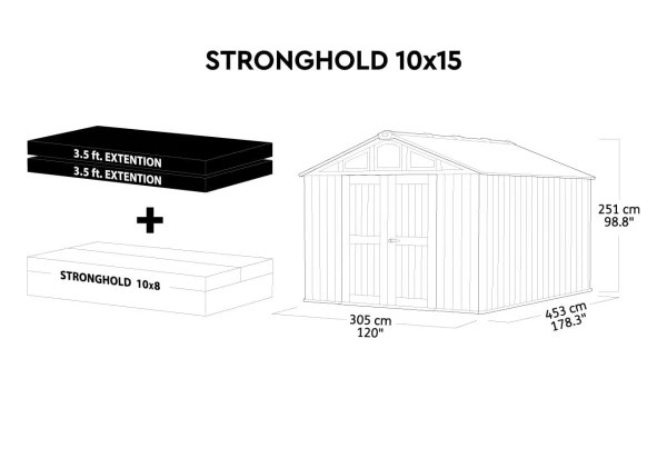Rysunek techniczny z wymiarami jasnego domku narzędziowego Stronghold 10x15 z modułami rozbudowy.