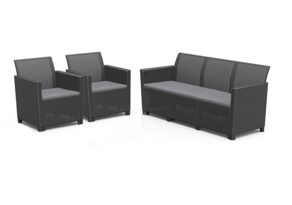 Ciemnoszary technorattanowy zestaw mebli ogrodowych Marie: dwa fotele i trzyosobowa sofa z poduszkami.