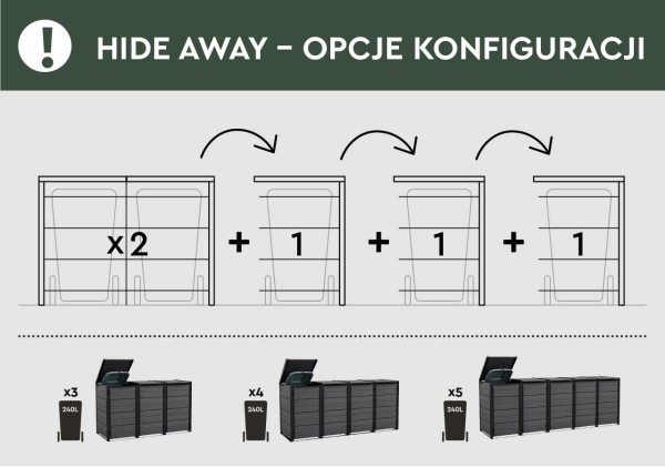 Opcje modułowej rozbudowy ciemnoszarej obudowy na kosze na śmieci Hide Away 240 L.