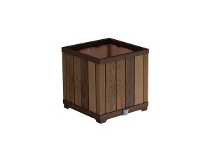 Kwadratowa donica Decocoat Walnut z ukosa, z pionowymi panelami o fakturze drewna.