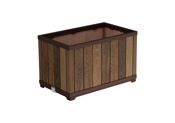 Prostokątna donica Decocoat Walnut z pionowymi deskami i ciemną ramą, ujęcie z ukosu.