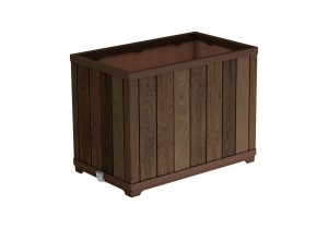 Wysoka, prostokątna donica Decocoat w kolorze Walnut z imitacją drewna, ujęcie z ukosa.