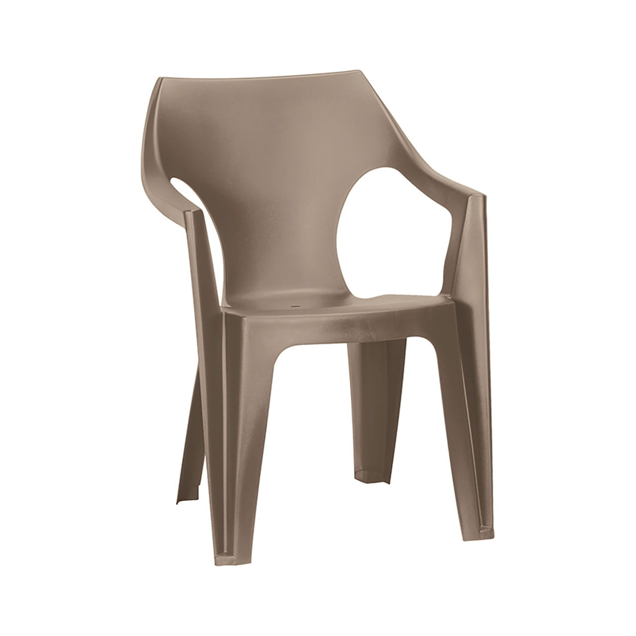 Jasnobrązowe krzesło z tworzywa sztucznego o matowym wykończeniu, widoczne z przodu na białym tle.