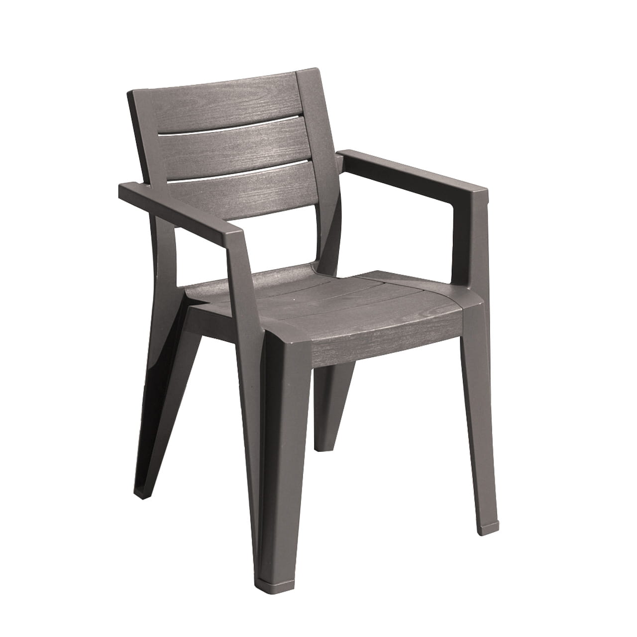 Brązowe krzesło z tworzywa sztucznego o matowym wykończeniu, widok z przodu pod kątem, z prostym oparciem i podłokietnikami.