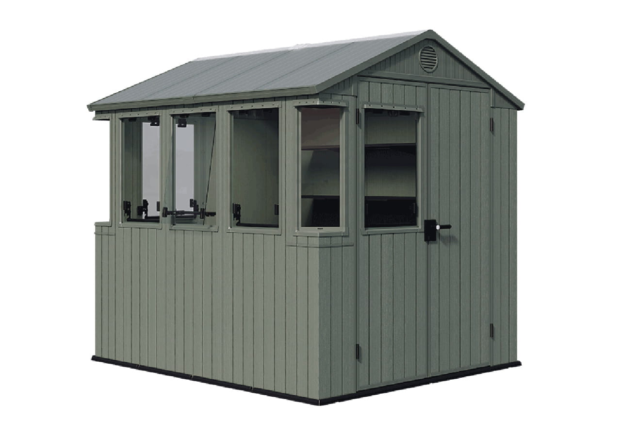 Zielony domek ogrodowy z dużymi oknami, drzwi z boku, widok z przodu na białym tle.